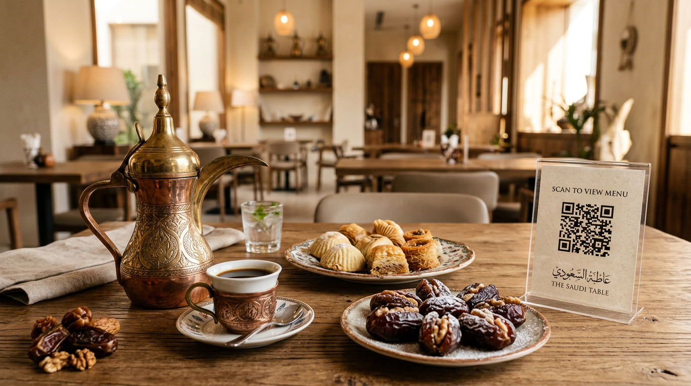 Restaurant table with Arabic coffee, pastries and QR stand — direct ordering without delivery apps
