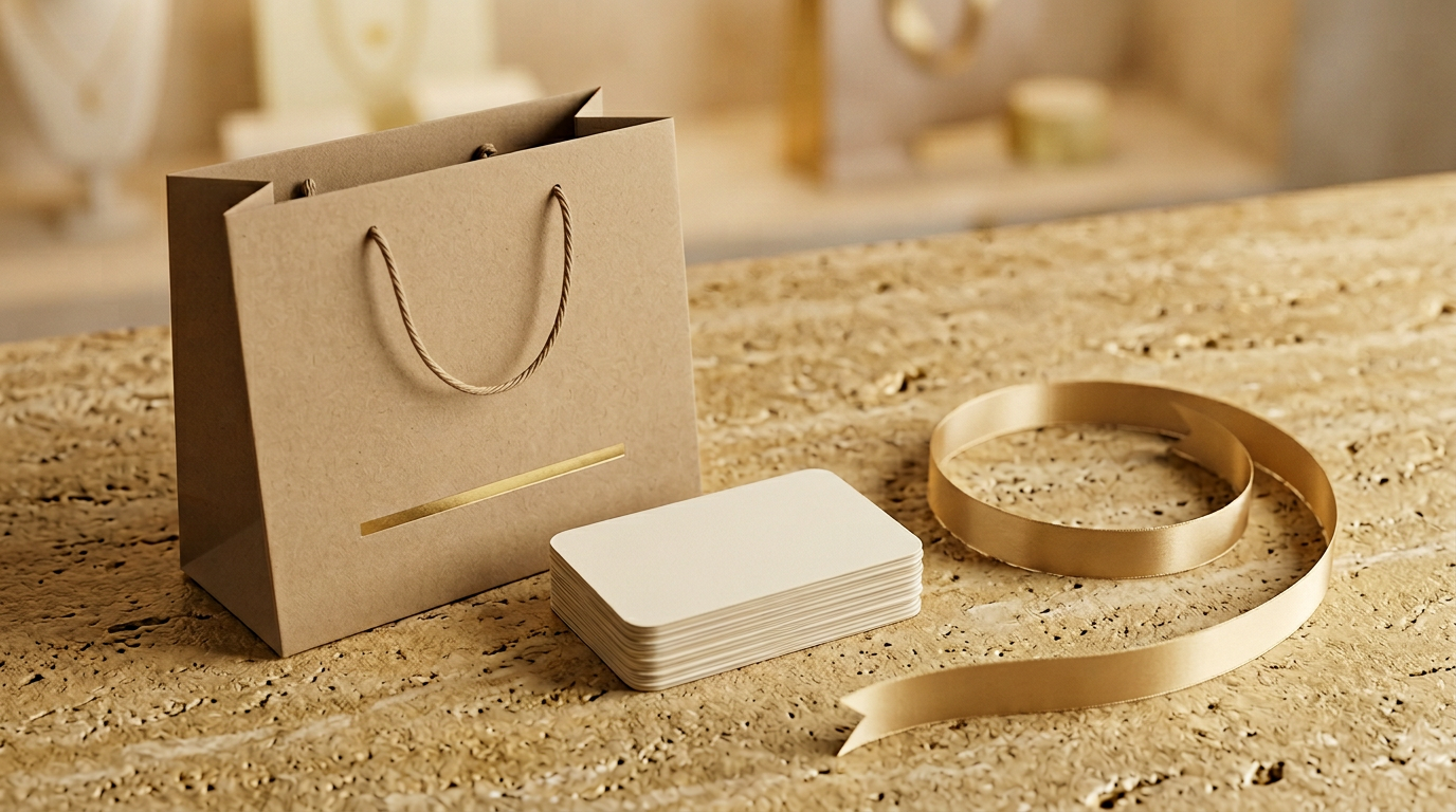 حقيبة تسوق فاخرة مع بطاقات ولاء بسيطة وشريط يوحي بتكرار الشراء — رحلة العميل من أول شراء إلى أعلى ولاء